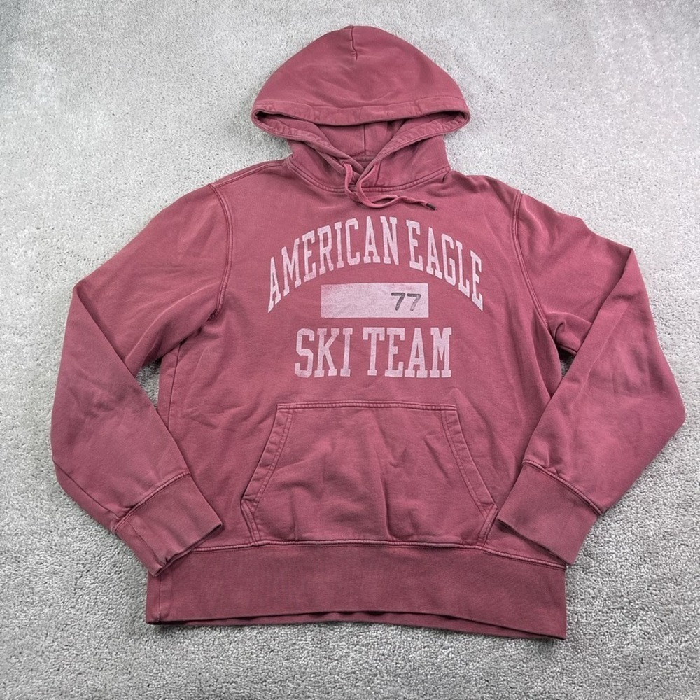 American Eagle Hoodie Mens Medium Pink Ski Team‎ Spellout Logo Sweatshirt
